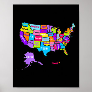 United States Of America Colourful Map With State  Poster