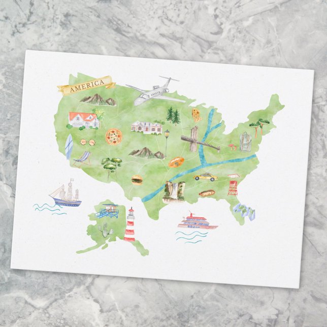 United States of America Illustrated Map Postcard (Close up)