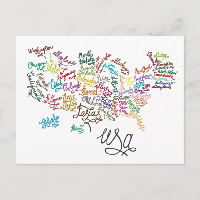 United States of America Script Text Map Postcard (Front)