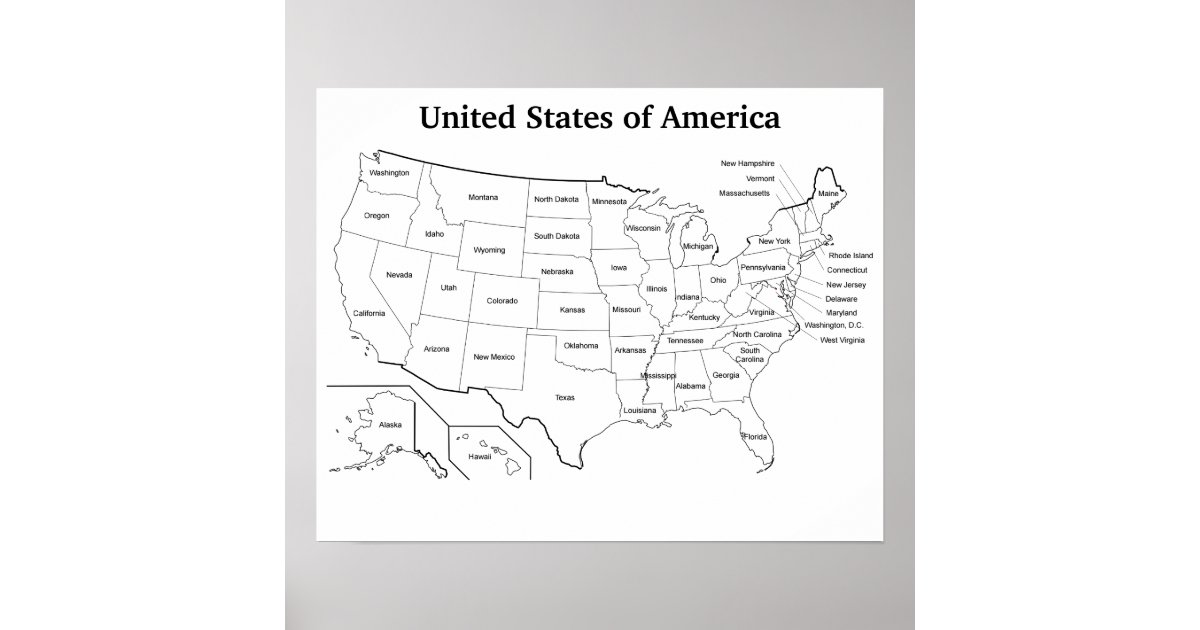 United States Outline Map With State Names Poster Zazzle 