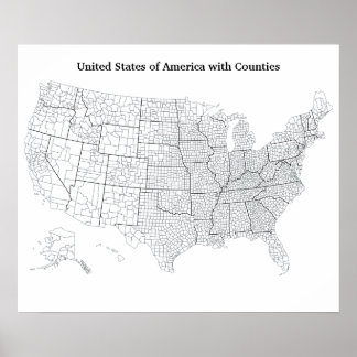 United States with Counties Blank Outline Map Poster