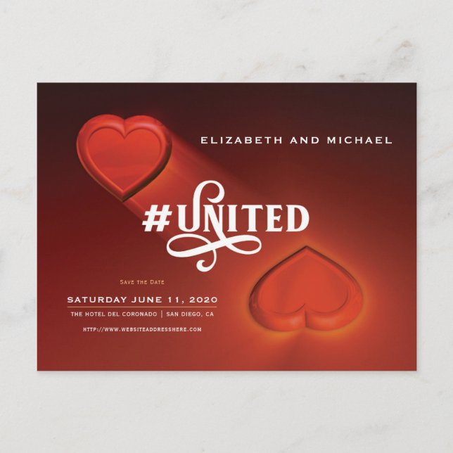 #United, Two Hearts, Save The Date Postcard (Front)