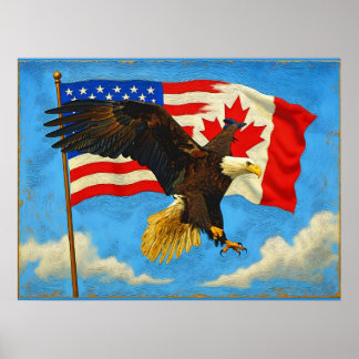 Unity - Canada Flag, US Flag and Eagle Poster