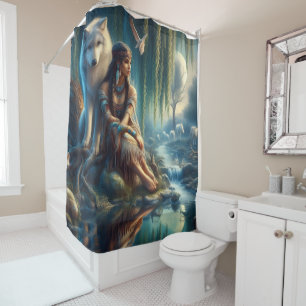 Unity of a Native Indian and her wolf Shower Curtain