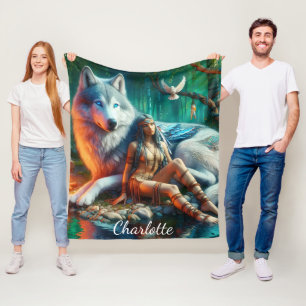 Unity of Indians and majestic wolves Fleece Blanket