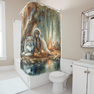 Unity of Native Indian and wolf spirit Shower Curtain