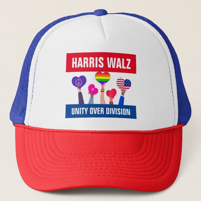 Unity Over Division Harris Walz Tim Walz Red Blue Trucker Hat (Front)