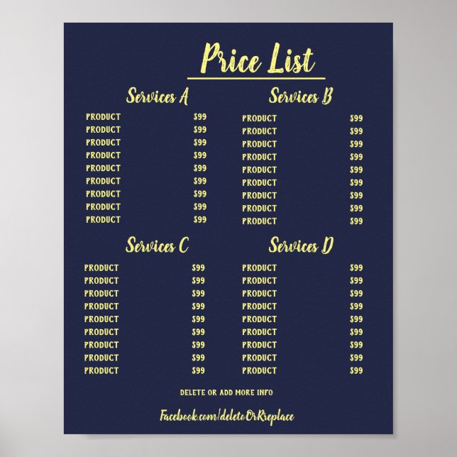 Universal customisable price list. poster (Front)