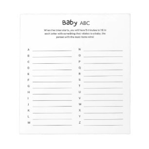 Universal Gender Neutral Baby Shower ABC Game Notepad