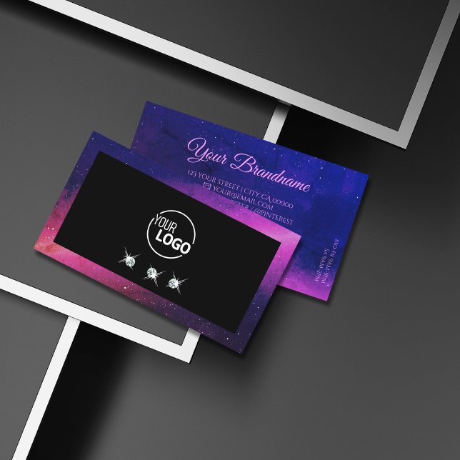 Universe Black Blue Pink Sparkle Diamonds Add Logo Business Card (Creator Uploaded)