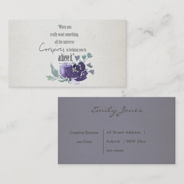 UNIVERSE CONSPIRES YOU TO ACHIEVE INK BLUE FLORAL BUSINESS CARD (Front/Back)