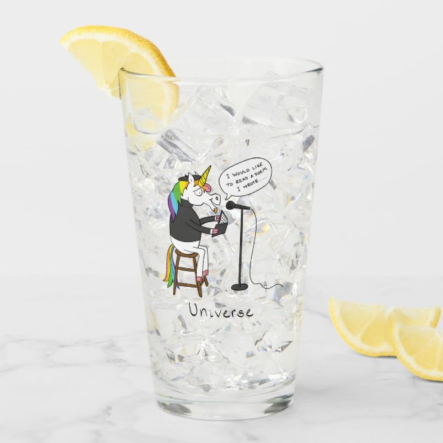 Universe Unicorn Reading Poetry Funny Glass Cup (Front Ice)