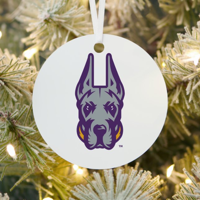 University at Albany Great Dane Mascot Head Metal Tree Decoration (Insitu)