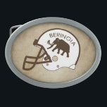 University of Beringia Football Belt Buckle<br><div class="desc">A representation of the mythical University of Beringia's, established 20000 BCE, iconic primitive Woolly Mammoth mascot on a football helmet along with text reading, "BERINGIA." The image is superimposed on a leather background. Beringia is the name given to the Bering land bridge and areas of both Alaska and Siberia which...</div>
