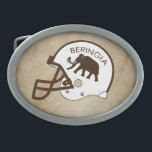 University of Beringia Football Belt Buckle<br><div class="desc">A representation of the mythical University of Beringia's, established 20000 BCE, iconic primitive Woolly Mammoth mascot on a football helmet along with text reading, "BERINGIA." The image is superimposed on a leather background. Beringia is the name given to the Bering land bridge and areas of both Alaska and Siberia which...</div>