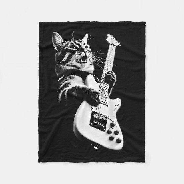 Unknown Designer Rock Cat Playing Guitar - Funny G Fleece Blanket (Front)