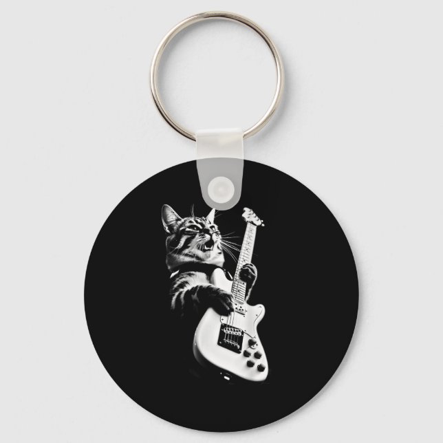 Unknown Designer Rock Cat Playing Guitar - Funny G Key Ring (Front)