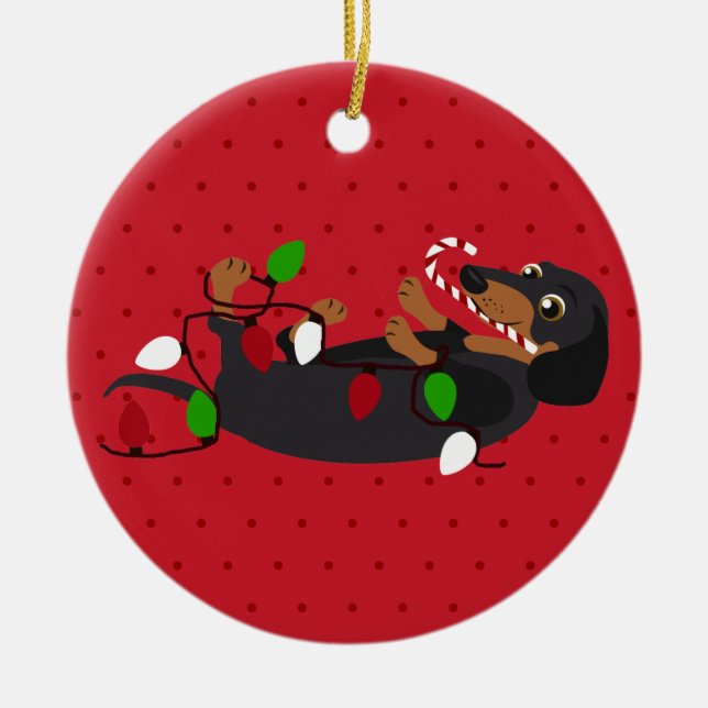 Unleash the Holiday Cheer Cute Dachshund Christmas Ceramic Ornament (Front)