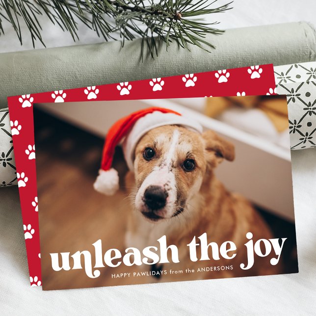 Unleash the Joy Red Dog Photo Holiday Card (Creator Uploaded)