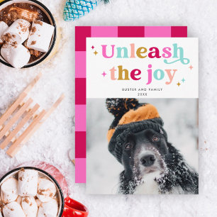 Unleash The Joy   Retro Christmas Pet Photo Holiday Card