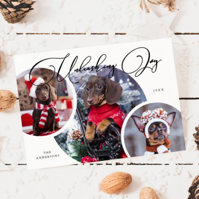 Unleashing Joy White Dog Photo Holiday Card (Creator Uploaded)