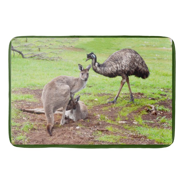 "Unlikely Pals: The Kangaroo and Emu Friendship" Bath Mat (Front)