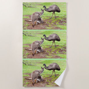 "Unlikely Pals: The Kangaroo and Emu Friendship" Beach Towel