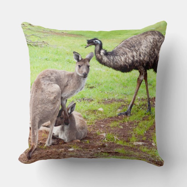 "Unlikely Pals: The Kangaroo and Emu Friendship" Cushion (Front)