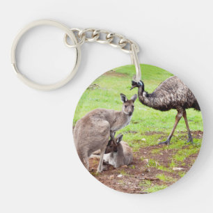 "Unlikely Pals: The Kangaroo and Emu Friendship" Key Ring