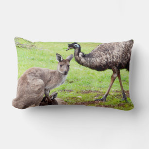 "Unlikely Pals: The Kangaroo and Emu Friendship" Lumbar Cushion
