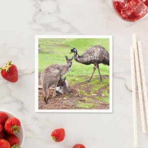 "Unlikely Pals: The Kangaroo and Emu Friendship" Napkin
