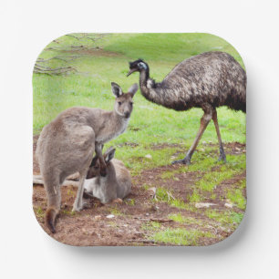 "Unlikely Pals: The Kangaroo and Emu Friendship" Paper Plate