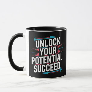 Unlock your potential succeed, black motivational mug