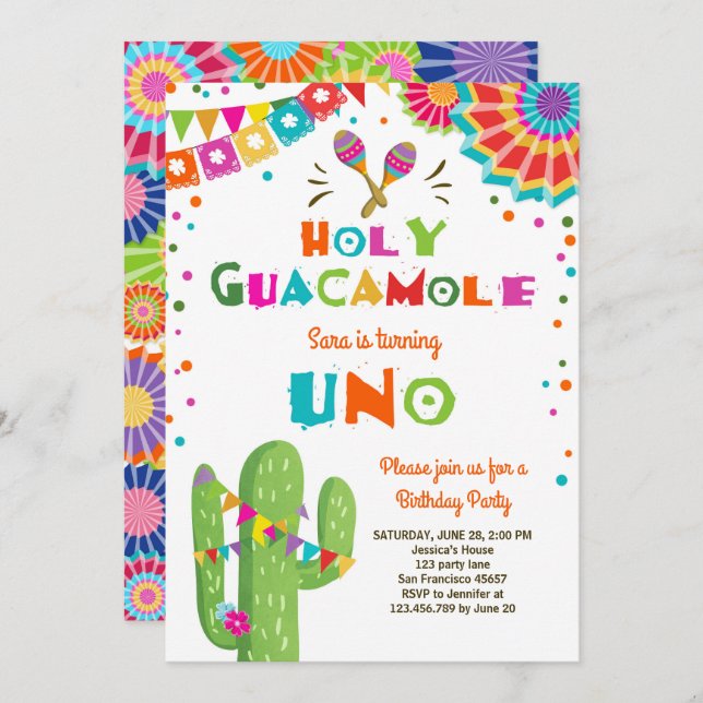 Uno Fiesta First Birthday invitation Cactus Party (Front/Back)