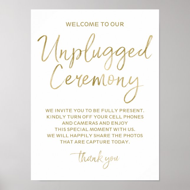 Unplugged Ceremony Gold Faux Foil 12x16 Sign (Front)