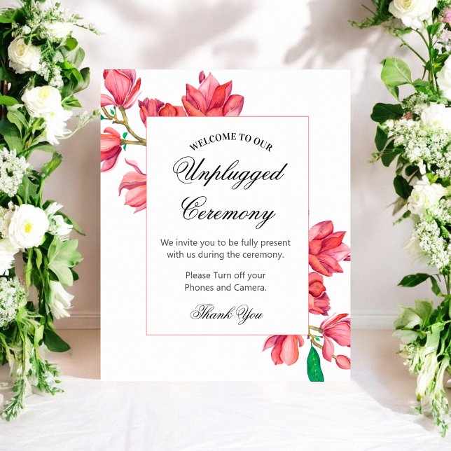 Unplugged Ceremony Pink White Wedding Floral Sign (Creator Uploaded)