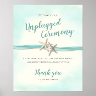 Unplugged Ceremony Starfish and Aqua Ribbon Poster