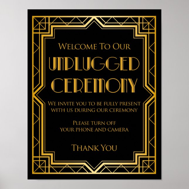 Unplugged Ceremony  Wedding Sign | Gatsby Art Deco (Front)