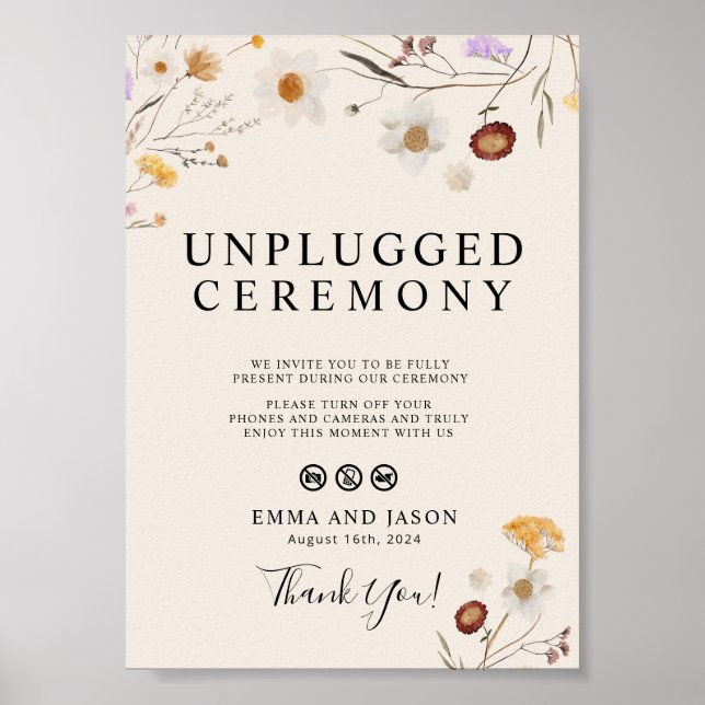 Unplugged Wedding Ceremony Sign Boho Wildflower (Front)