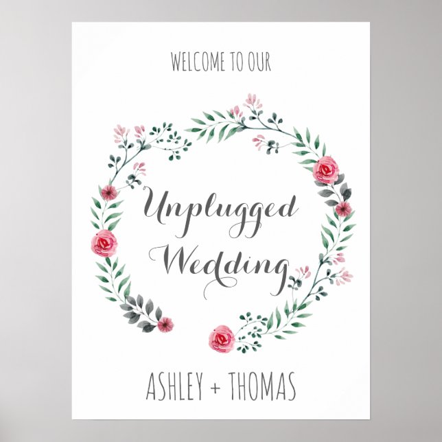 UNPLUGGED Wedding welcome floral calligraphy sign (Front)