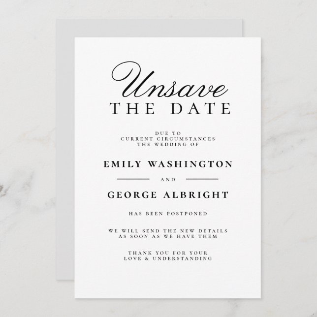 Unsave The Date Elegant Wedding Postponed Invitation (Front/Back)