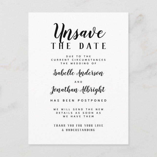 Unsave The Date Elegant Wedding Postponement Invitation Postcard (Front)