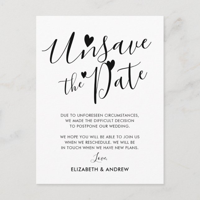 Unsave the Date Hearts Wedding Postponement Announcement Postcard (Front)