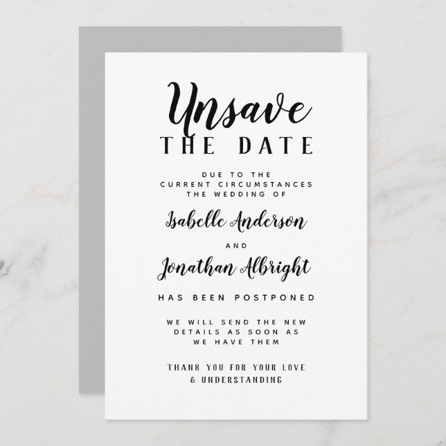 Unsave The Date Script Wedding Postponement Invitation (Front/Back)