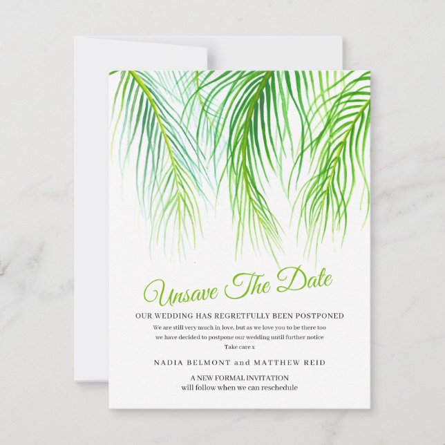 Unsave the date wedding change of plan postponed save the date (Front)