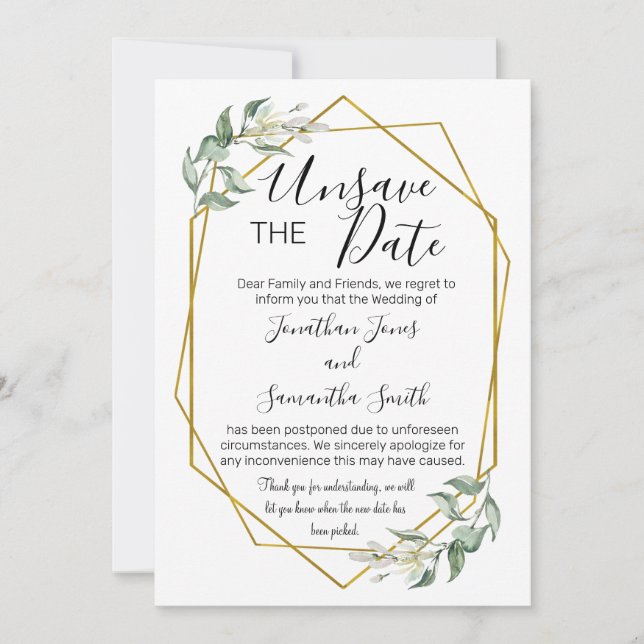Unsave the dates wedding date change greenery gold invitation (Front)