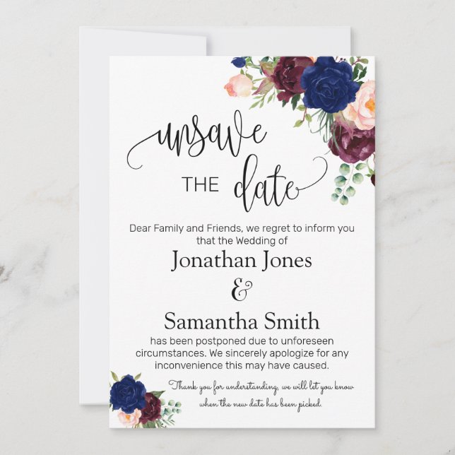 Unsave the dates wedding date change navy burgundy invitation (Front)