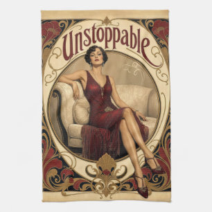 Unstoppable Poised Woman in Art Nouveau Style Tea Towel