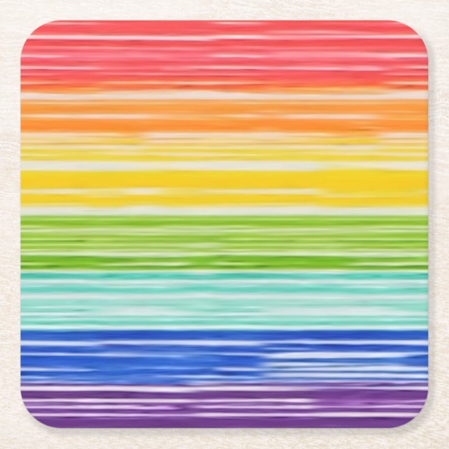 Untidy rainbow stripes square paper coaster (Front)