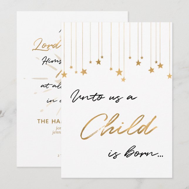 Unto Us A Child is Born Handwritten Gold Christmas Invitation (Front/Back)